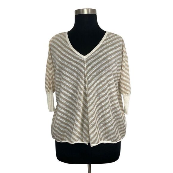 Chico’s 0 S Tan Striped Top Dolman Batwing Linen Blend Coastal Fits M L XL - Picture 1 of 7